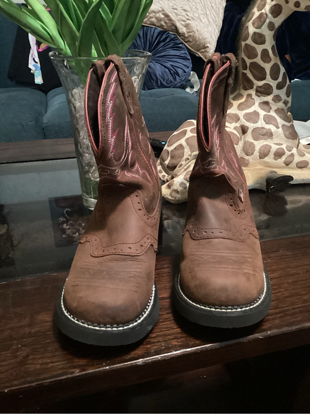 Women’s Brown Leather Moto Boots with Pink Accent Stitching
